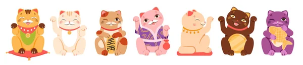 日本の猫はベクトル図を設定します 漫画孤立した様々なポーズコレクションのかわいい招き猫文字 面白い人形動物やお金と幸福の象徴 幸運と幸運 — ストックベクタ