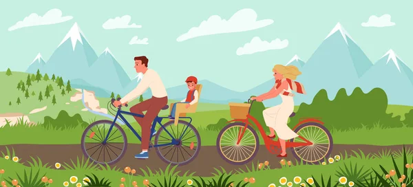 幸せな家族は春の山の風景ベクトルイラストのパス上の自転車に乗る 漫画の若い母 自転車でヘルメット旅行の父と息子 自転車の健康的なレジャーと休暇 — ストックベクタ