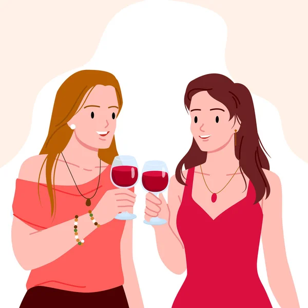 Migliori Amiche Donne Bevono Vino Parlano Illustrazione Vettoriale Cartone Animato — Vettoriale Stock