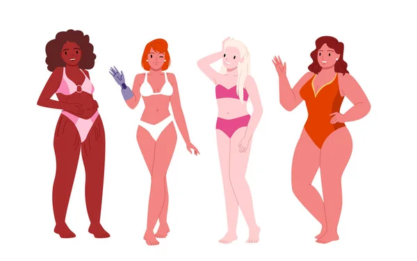 Donne Positive Corpo Impostano Illustrazione Vettoriale Cartone Animato Isolato Felice — Vettoriale Stock