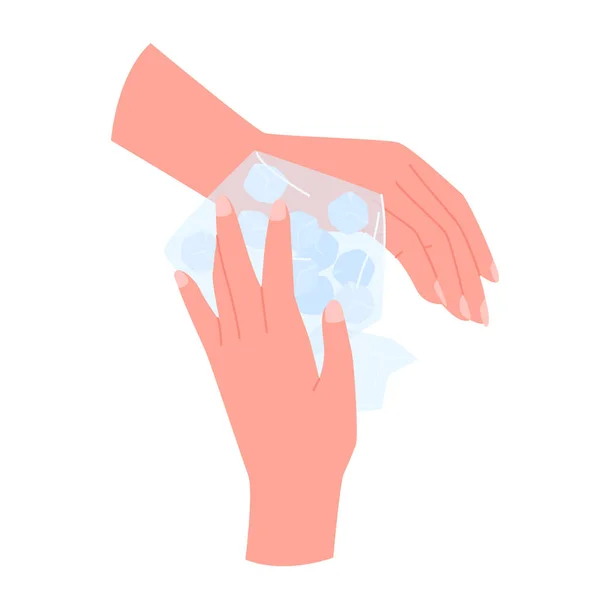 Руки Застосовують Компрес Льодовиковою Сумкою Зменшення Болю Набряку Після Травми — стоковий вектор