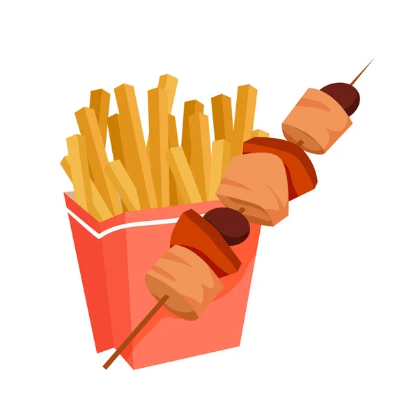 Τηγανιτές Πατάτες Και Κεμπάπ Κρέας Λαχανικά Σουβλάκι Διανυσματική Απεικόνιση Κινούμενα — Διανυσματικό Αρχείο