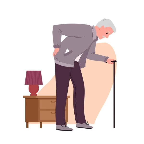 杖ベクトルイラストで老人の腰痛 漫画は家の内部に立っている古い病気の祖父を隔離し 老人はリウマチや関節炎に苦しんで手をつないで — ストックベクタ