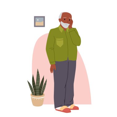 Yaşlı adam vektör illüstrasyonunda baş ağrısı. Çizgi film, baş ağrısından muzdarip yorgun yaşlı karakteri migren belirtileri gösteren yaşlı hasta erkek hasta ev kıyafetleri ve terliklerle ayakta dikiliyor.