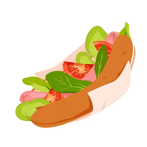 Hot Dog Párkem Čerstvou Zeleninou Vektorovou Ilustrací Kreslený Izolovaný Sendvičový — Stockový vektor