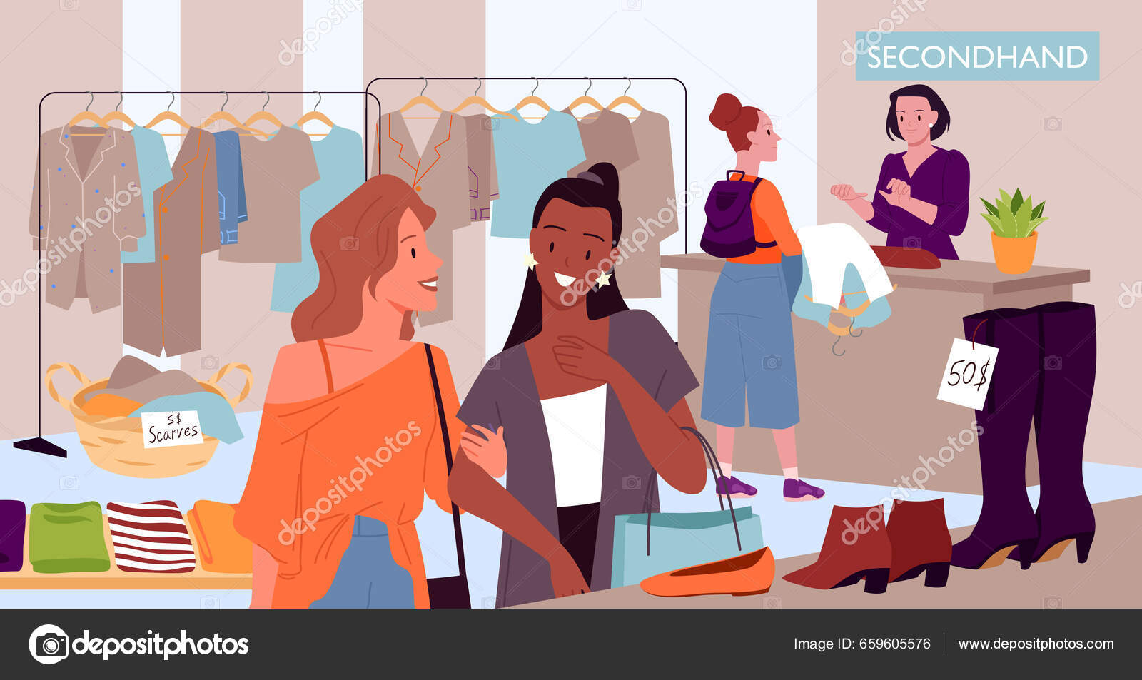 Ropa Ecológica Comprar Moda Sostenible Las Personas Que Compran Mercado  Pulgas Tienda Segunda Mano