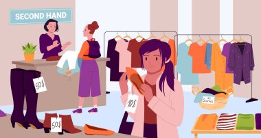 Bit pazarından ya da ikinci el dükkanından alışveriş yapan insanlar, sürdürülebilir moda konsepti çizimi. Çizgi film kadın müşterisi kullanılmış eşya dükkanından elbise ve ayakkabı alıyor.