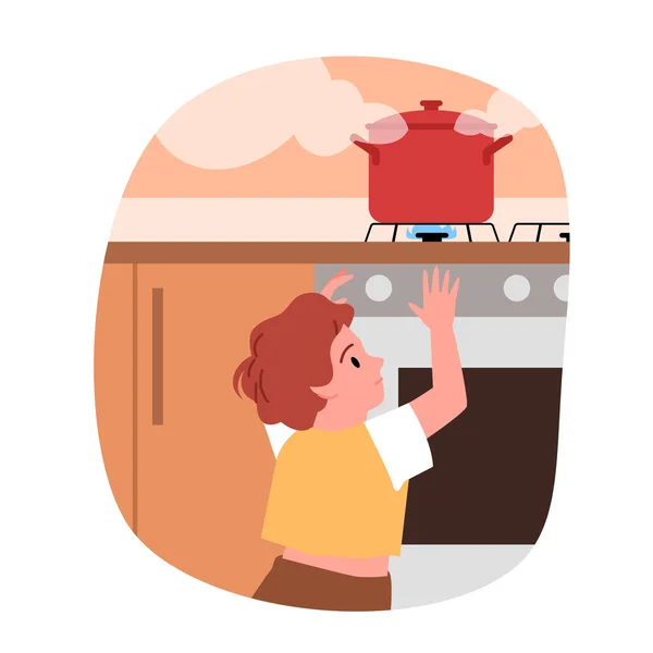 Κίνδυνος Για Παιδί Στην Κουζίνα Διανυσματική Απεικόνιση Cartoon Χαριτωμένο Αγοράκι — Διανυσματικό Αρχείο