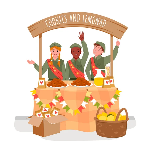 Νέοι Άνθρωποι Πωλούν Παραδοσιακά Μπισκότα Και Φρέσκια Λεμονάδα Φιλανθρωπική Αγορά — Διανυσματικό Αρχείο