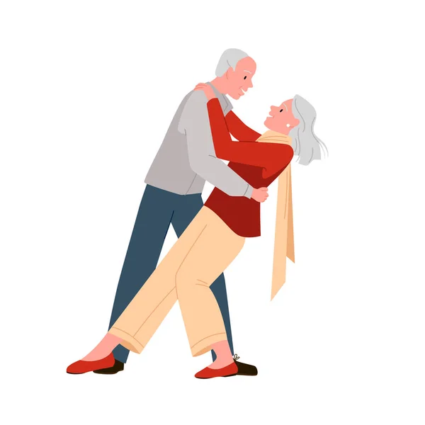 年上のカップルは一緒にタンゴを踊るベクトルイラスト 漫画隔離された男と女ダンスレトロ人気ロマンチックなダンス ロマンスとレジャーのおばあちゃんとおじいちゃんの年金 — ストックベクタ