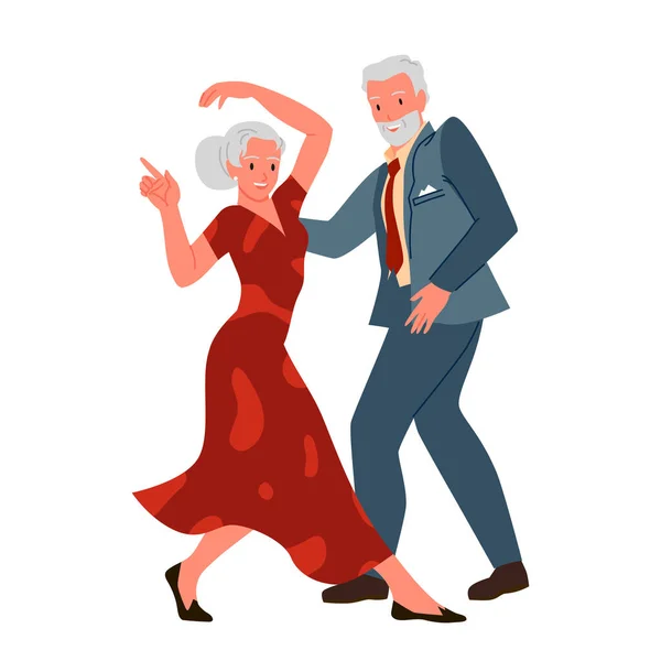 stock vector Old couple dancing to music together vector illustration. Cartoon isolated man in formal suit and woman in red dress dance, funny elderly retired dancers perform retro glamour swing or jazz motion