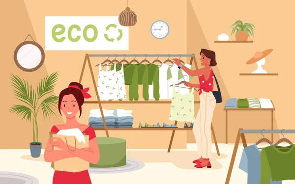 Cartoon Žena Drží Nákupní Tašku Ekologicky Šetrné Textilní Oblečení Etické — Stockový vektor