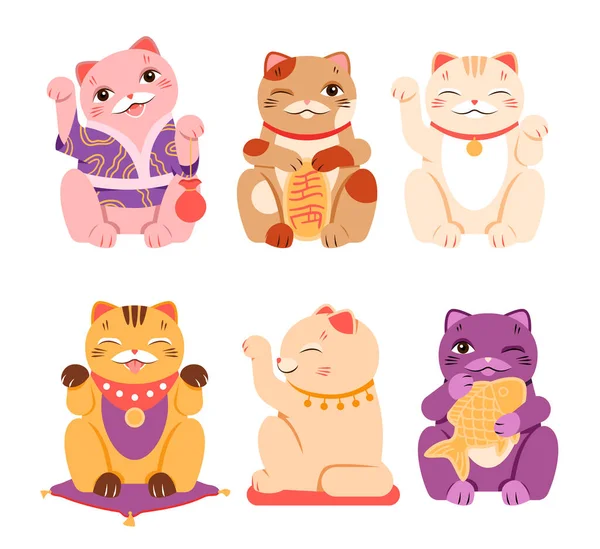 漫画はかわいい招き猫のキャラクターの様々なポーズコレクション 面白い人形動物やお金と幸福のシンボル 幸運と幸運を隔離しました 招き猫セットベクトルイラスト — ストックベクタ