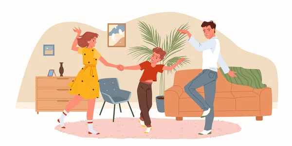 Felice Famiglia Ballare Casa Salotto Vettoriale Illustrazione Madre Dei Cartoni — Vettoriale Stock