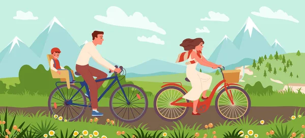 漫画の若い母親 父と息子のヘルメットの自転車での旅行 健康的なレジャーや自転車の休暇 幸せな家族は自転車に乗る — ストックベクタ