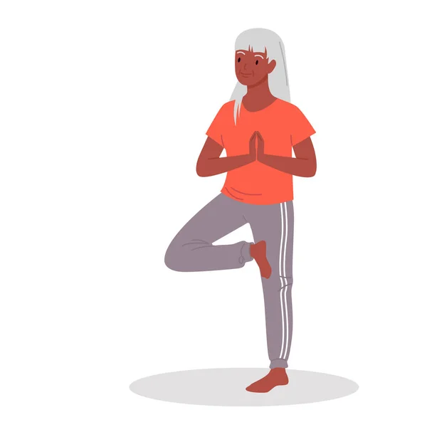 Senior Kvinna Som Gör Träd Yoga Pose Vektor Illustration Tecknad — Stock vektor