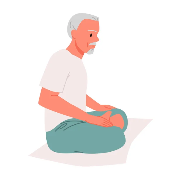 Hombre Mayor Sentado Pose Zen Loto Entrenamiento Yoga Por Mañana — Vector de stock
