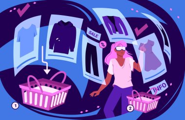 VR kulaklıklı çizgi film kızları sanal deneyimin yenilikleri için hologramlar arasından moda kıyafetleri seçiyorlar. Metaverse vektör illüstrasyonunda alışveriş