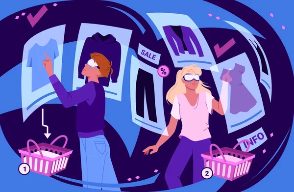 Cartoon Mädchen Headsets Wählen Modische Kleidung Zwischen Hologrammen Die Sie — Stockvektor
