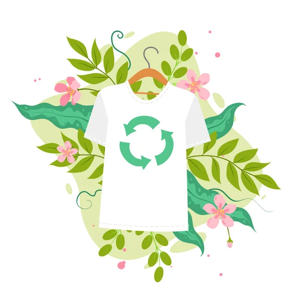 春と夏の花 緑の葉 女性のための環境に優しい服の間でハンガーにリサイクルシンボルを持つ漫画の隔離された白い綿のTシャツ 持続可能なファッション — ストックベクタ