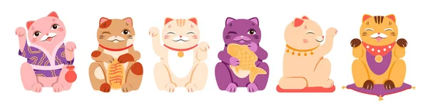 面白い人形動物やお金と幸福のシンボル 幸運と幸運 日本の猫はベクトル図を設定します 漫画分離様々なポーズコレクションのかわいい招き猫のキャラクター — ストックベクタ