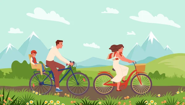 漫画の若い母親 父と息子のヘルメットの自転車での旅行 健康的なレジャーや自転車の休暇 幸せな家族は春の山の風景の道を自転車に乗る — ストックベクタ