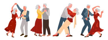 Üst düzey çiftlerin yavaş ve eğlenceli dansları vektör çizimleri. Çizgi film, bir çift yaşlı adam ve kadının birlikte müzik eşliğinde dans ettiği bir koleksiyon. Dans kulübü ya da yaşlı romantik büyükanne ve büyükbabalar için bir okul.