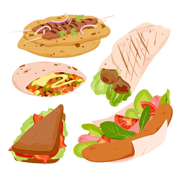 快餐套餐病媒图解 卡通肉丸子 用蔬菜和肉馅包裹着 三角棒三明治 烤肉串 — 图库矢量图片