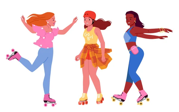 Desenhos Animados Isolados Esportivos Personagens Femininos Vestindo Botas Com Rodas — Vetor de Stock
