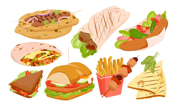 Fast Food Set Vector Illustration Cartoon Isolated Fastfood Restaurant Menu — Stock Vector