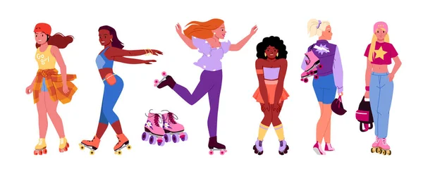 Desenhos Animados Isolados Coleção Patinagem Com Personagens Femininas Movem Com — Vetor de Stock