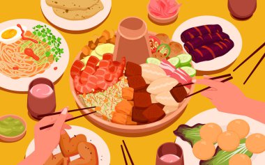 Çizgi filmlerdeki küçük mutlu aile üyeleri bir araya gelip masada lezzetli sıcak ziyafet yemekleri pişiriyorlar. Şirin karakterler baharatlı et ve sebze pişiriyorlar. Biftek pişiriyorum.