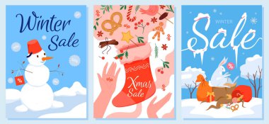 Kış satış kartı ve afiş şablonları vektör illüstrasyonunu ayarladı. Çizgi film sevimli tavşan ve yüzde indirimli kardan adam sosyal medya tanıtımı için kırmızı çoraptan hediyeler.