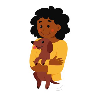 Küçük köpeği elinde tutan bir kız ve aşk çizimi. Çizgi film, neşeli şirin hayvan sahibi karakterini izole etti. Komik daksund, gülücükler, kucaklamalar ve genç insan ile yavru köpek arkadaşının arkadaşlığını kucakladı.