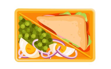 İçinde kulüp sandviçi ve salata vektör illüstrasyonu olan beslenme çantası. Çizgi film, piknik ya da iş yerinde öğle yemeği için üçgen sandviçli bölünmüş plastik yemek tepsisi ve ev yapımı sağlıklı bir menü ayırdı.