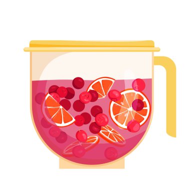 Böğürtlen komposto vektör illüstrasyonlu sürahi. Çizgi film, sudan, kiraz meyvelerinden ve cam sürahide portakal dilimlerinden yapılmış, saplı ve kapaklı kırmızı yaz içeceğini izole etti.