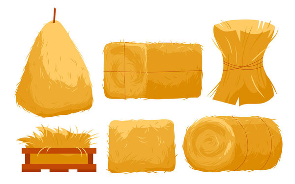 Bales of hay set vector illustration. Cartoon isolated golden haystacks of different shapes, yellow straw pile in bundle and wood crate, round or square roll with rope, farm forage collection