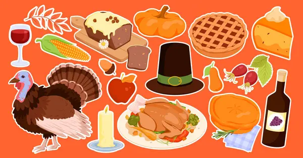 Thanksgiving Stickers Set Vector Illustration Cartoon Patches Collection Autumn Decoration — Stock Vector
