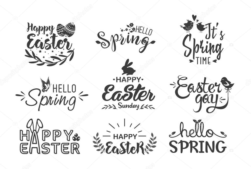 Hello spring and happy easter hand drawn lettering logo vector illustration set isolated on white background. Collection holiday decorative elements with traditional symbols egg, bunny, rabbit, bird