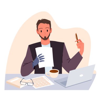 Laptop vektör ilüstrasyonunda çalışan fiziksel engelli bir çalışan. Çizgi film, ofis çalışanlarından izole edilmiş bir olay yeri. El protezi takmış, elinde kağıt ve kalem tutan bir adam.