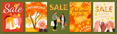 Çizgi filmciler indirim teklifini alkışlıyor ve indirim metni, alışveriş çantası, reklam kuponlarında sonbahar kırmızı turuncu yaprakları. Sonbahar satışları, afiş veya poster tasarımı vektör çizimi