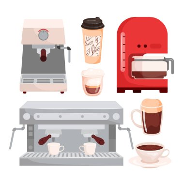 Çizgi film, kafeinli sıcak içecek menüsünü izole etti. Damla çıkarma için ekipman ve otomatik içecek hazırlama. Kahve fincanları, makineler ve üreticiler vektör illüstrasyonunu ayarlayın
