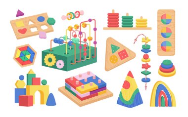 Montessori oyuncakları vektör illüstrasyonunu ayarladı. Çizgi film ana okulundaki çocuklar için tahta bloklar ve bulmaca oyunları, anaokulundaki pedagojik terapi iyi motor aktivitesi ve erken gelişim için izole etti.
