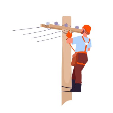 Elektrikçi elektrik direğine tırmanıyor ve yüksek voltajlı elektrik hatları vektör ilüstrasyonunu tamir ediyor. Çizgi film izole edilmiş miğfer ve eldivenler, endüstriyel tırmanış ekipmanları transformatör ve kablolar