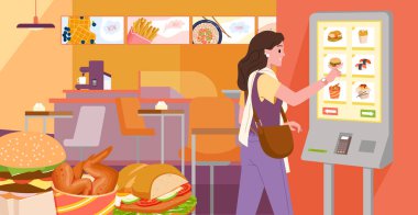 Fast food restoran vektör ilüstrasyonunda self servis. Çizgi filmci kadın kafeterya, kafe ya da kantin salonundaki yemekleri seçmek, sipariş etmek ve ödemek için dokunmatik ekranı kullanıyor.