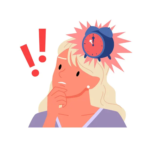 Sad Girl Alarm Clock Exclamation Mark Head Vector Illustration Cartoon — Stock Vector