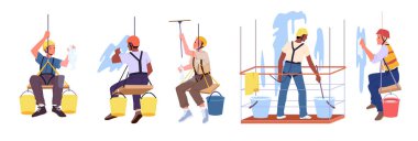 Boy vektör illüstrasyonunda çalışan pencere temizleyicileri. Çizgi film endüstriyel tırmanışçıların ve dağcıların cam yıkayan emniyet kemerleri ve kasklarıyla ön, yan ve arka görüntülerini izole etti.