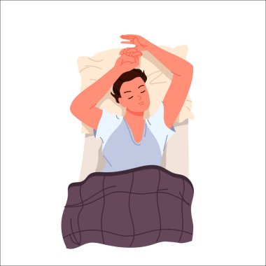 Geceleri rahat bir yatakta uyuyan, yatak odası manzaralı bir adam. Genç adam battaniyenin altında sevimli ve rahat bir pozda uzanıyor. Evde çizgi film çizimleri sırasında uyumak için ellerini kaldırıyor.