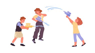 Su tabancalarıyla oynayan mutlu çocuklar. Erkekler ve kızlar komik plastik uzay tabancalarından su sıçratıyorlar, şirin çocuklar yaz festivali çizgi film çizimlerinde pompalı tabancalarla oynuyorlar.