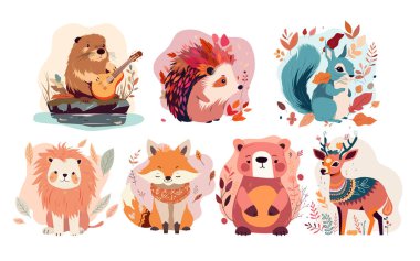 Sonbahar doğasında sevimli bebek hayvanlar vektör illüstrasyonunu ayarlar. Çizgi film, güz çiçekleri desenli ve süslemeli orman manzaralarının izole edilmiş bir koleksiyonu, komik yabani kirpi sincap tilki geyik ayı.